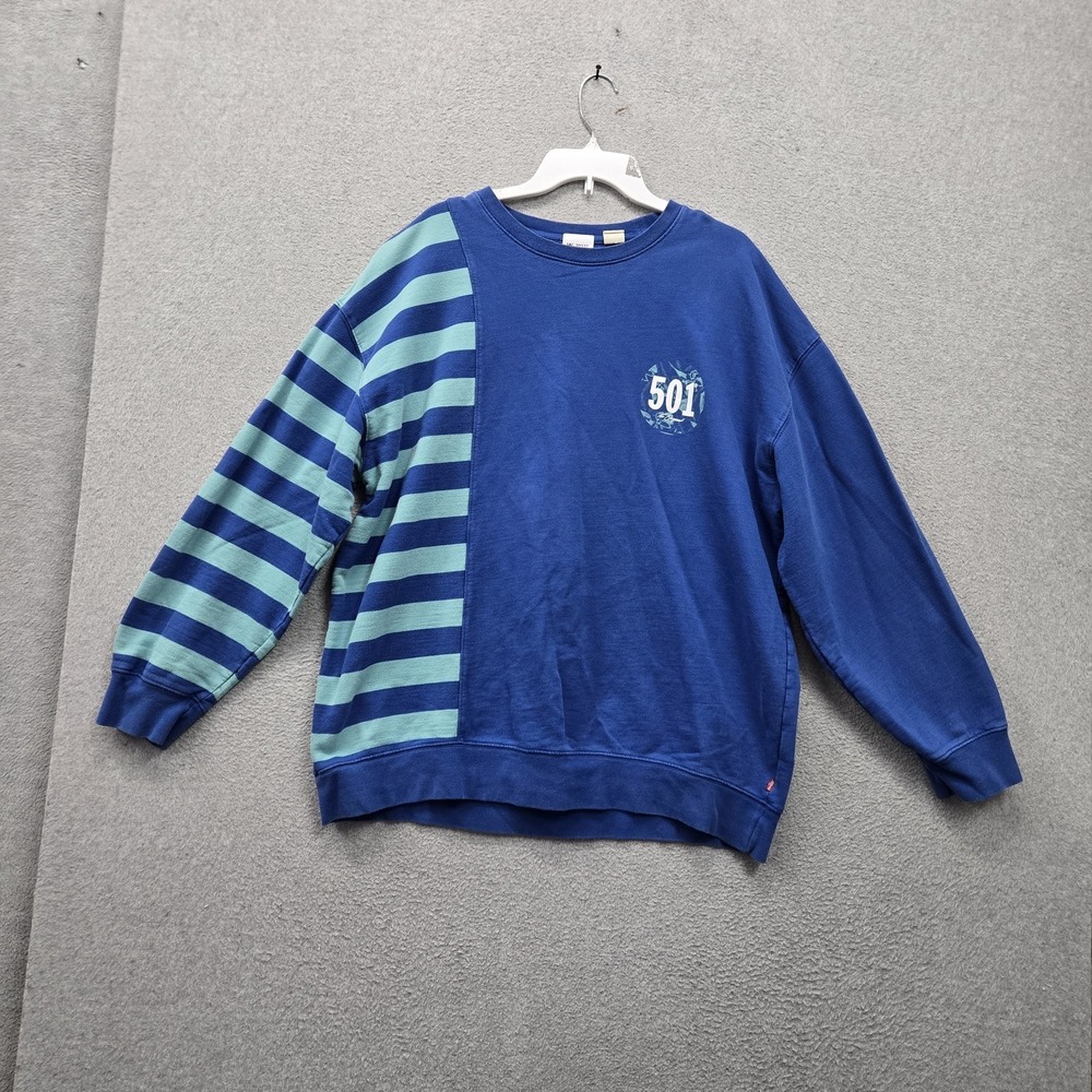 Levi's 501 Men Sweatshirt XL Blue Striped Logo Graphic Print Oversized Pullover